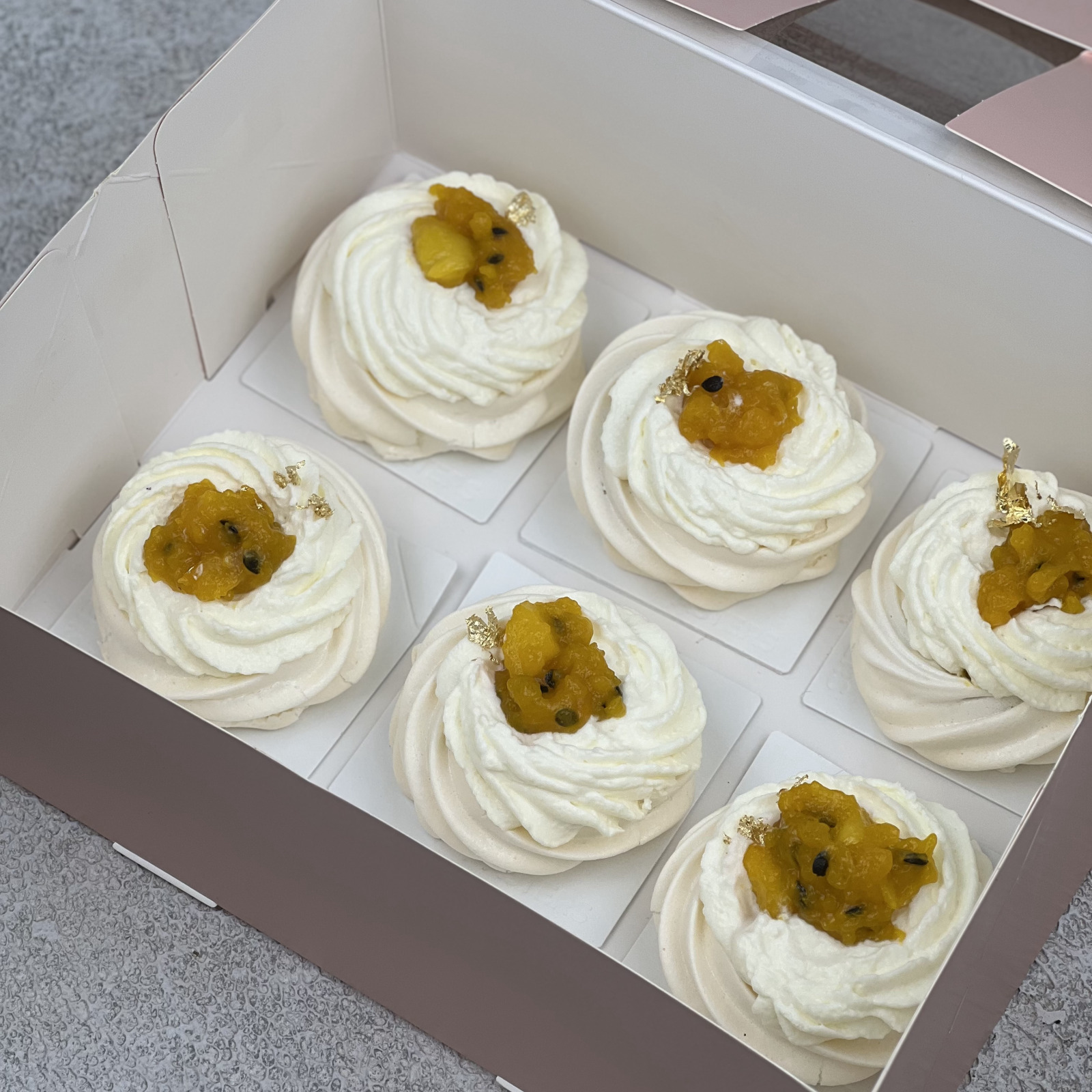 Set of 6 Individual Desserts Pavlova Mango Passion. Meringue roll and Pavlova 